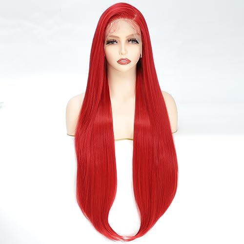 X-TRESS 32 Inch Red Lace Front Wig 13x4 Staight Hd Lace Front Wig Red Wigs For Wome Glueless Wigs Pre Plucked Baby Hair 180 Density Synthetic Lace Front Wigs Cosplay