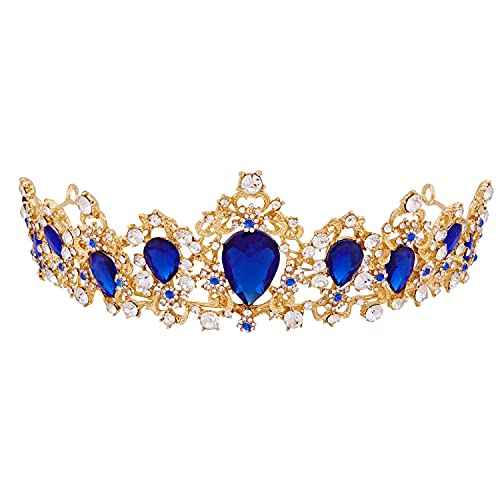 Audrey Descendants Costume Crown, Vofler Gold Tiara Royal Blue Crystal Headband Accessories for Women Queen Girl Bride Princess Quinceanera Birthday Wedding Pageant Prom Homecoming Halloween Party