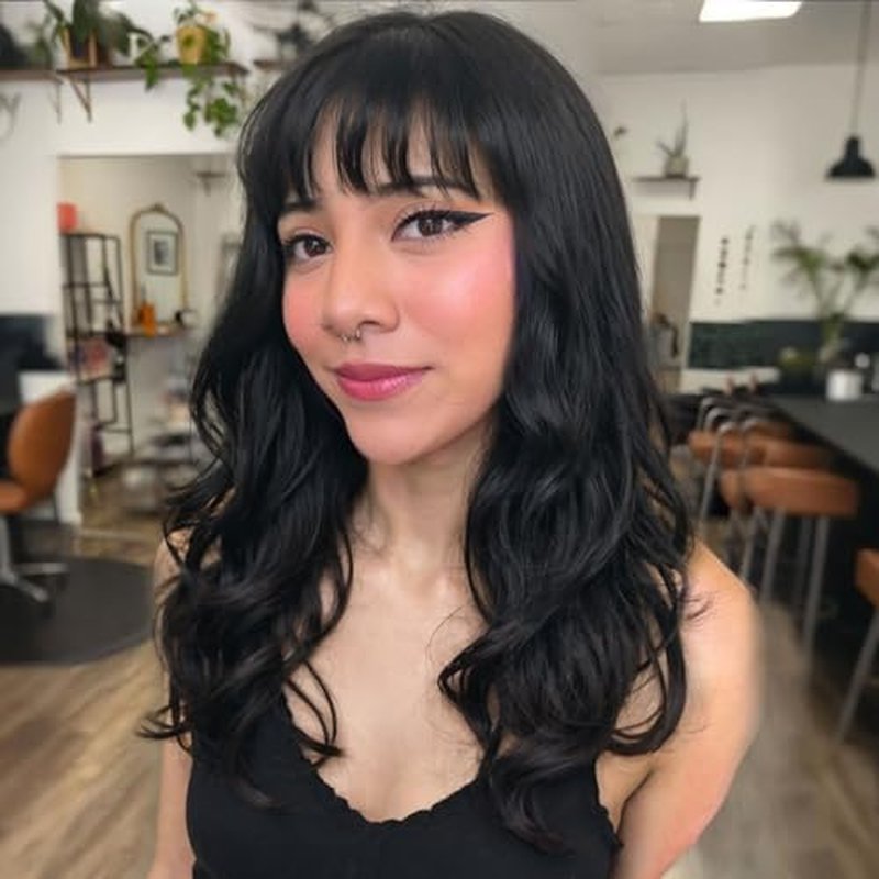 Fancy Hair Wavy Brazilian Virgin Human Hair Wigs with Bangs for Black Women Lace Middle Part Glueless Body Wave Wig With Bangs for Women Natural Black 18 inches