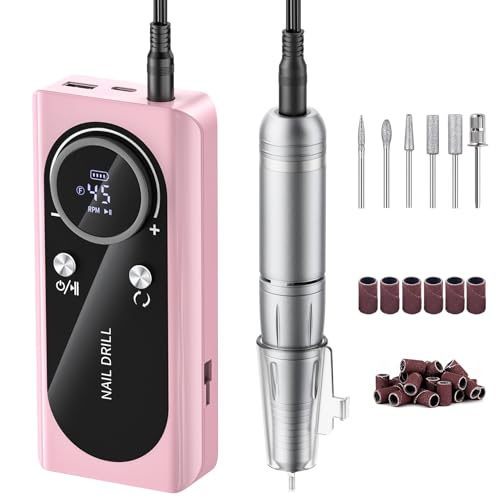 Electric Nail Drill Machine 45,000RPM - Professional Electric and Rechargeable Nail Drill with LCD Display, 6 Bits and 30 Sanding Bands, Low Heat Quiet E-File for Acrylic Gel Nails (Light Pink)