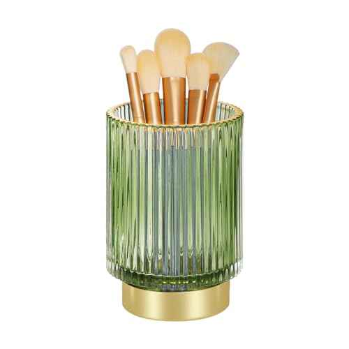 Glass Makeup Brush Holder Organizer, Gold Toothbrush Holders for Bathroom, Green Make Up Organizer Cup, Vintage Bathroom Makeup Brush Holder for Vanity, Countertop