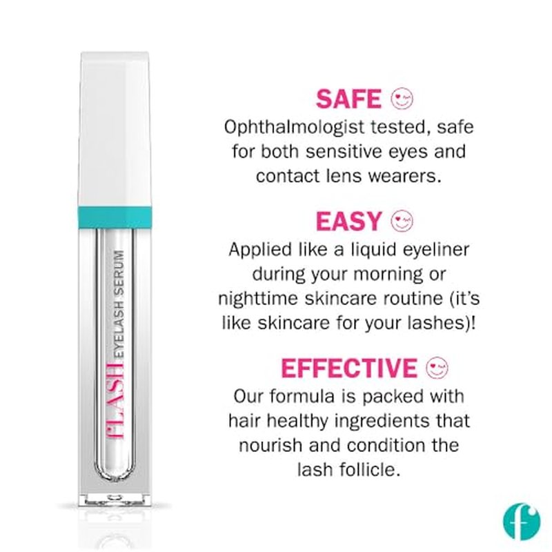fLASH Eyelash Serum for Long, Curled Natural Lashes - Enhances & Strengthens, Safe & Effective Formula for Contact Wearers & Sensitive Eyes, 3 Month Supply - 2mL (0.07 Fl Oz)