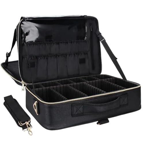 Relavel Makeup Case Large Makeup Bag Professional Train Case 16.5 inches Travel Cosmetic Organizer Brush Holder Waterproof Makeup Artist Storage Box, Large Capacity (Leather Black)