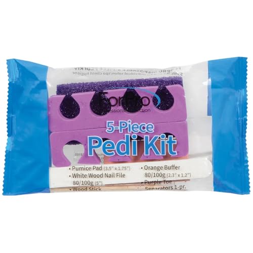 ForPro 5-Piece Pedi Kit, 100-Count, Individually-Packed Pedicure Set, Purple Pumice Pad, Wood Nail File 80/100 Grit, Mini Buffer 80/100 Grit, Wood Stick, Toe Separators