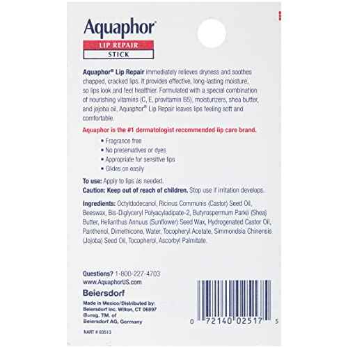 Aquaphor Lip Repair Stick with Jojoba Oil and Shea Butter, Moisturizing Lip Balms, Fragrance Free and Paraben Free, Immediately Relieves Dryness, 0.17 Oz Stick, Pack of 4