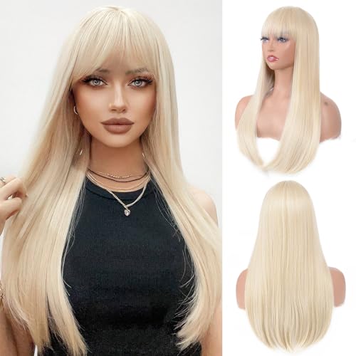 Blonde Wig With Bangs For Women Long Straight Blonde wig Heat Resistant Synthetic Wig for Girls Daily Use Party Halloween Cosplay Wig 24inch