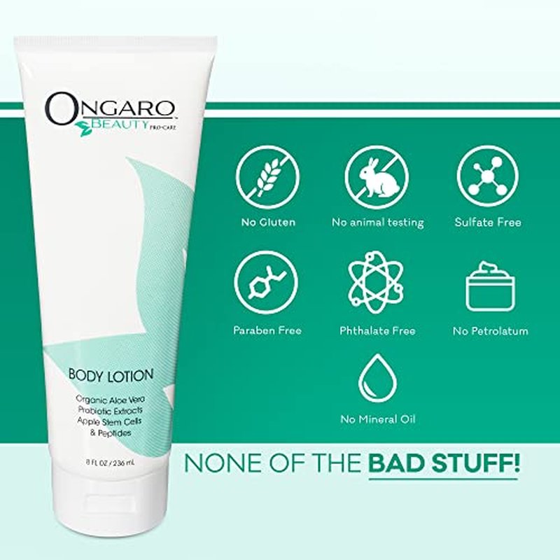 Ongaro Beauty Organic Body Lotion - Body Moisturizer Skin Lotion, Probiotic Lotion w/Aloe Vera, Cocoa Butter, Hyaluronic Acid, Shea Butter & Vitamin E, Lightweight, All Skin Types 8fl oz