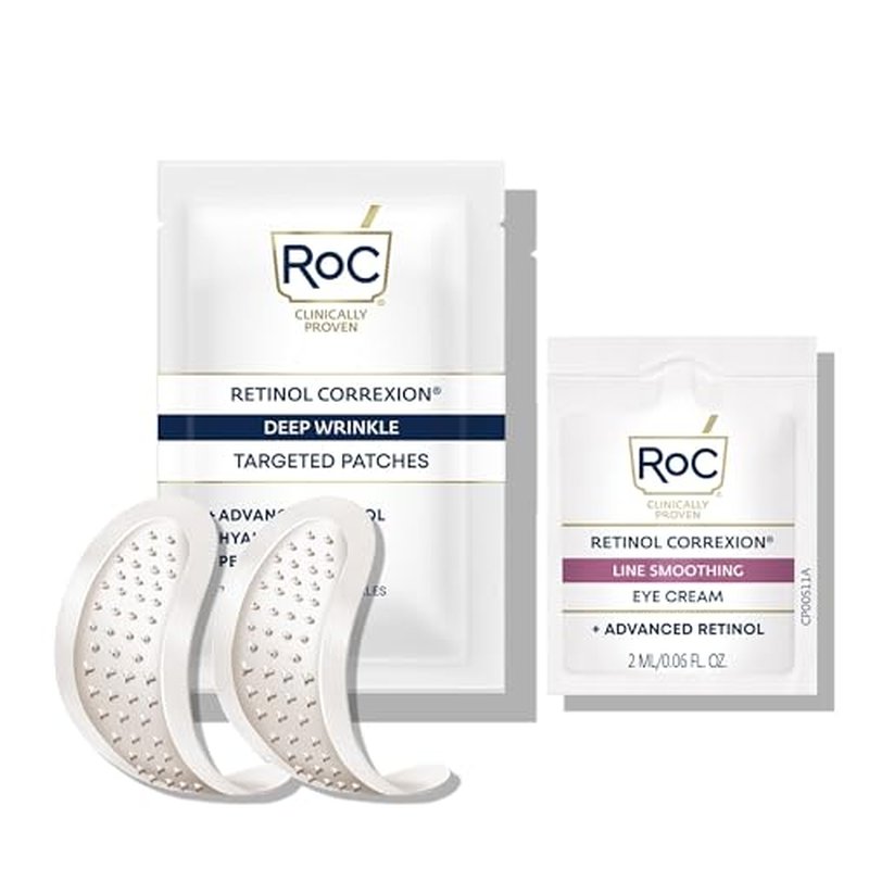 RoC Retinol Correxion Deep Wrinkle Non-Invasive Targeted Patches with Hyaluronic Acid + Firming Peptides for Forehead, 11 Lines, Crow¡¯s Feet and Laugh Lines, (6 Patches) with Retinol Eye Packette