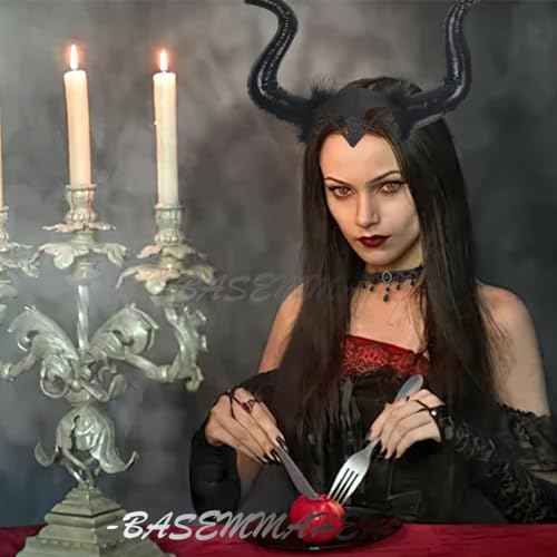 Devil Horns Headband with Lace Choker Gothic Necklace for Women Halloween Black Cosplay Horn Hair Hoop Dress Up Hair Accessories for Carnival Party Medieval Costume Headpieces