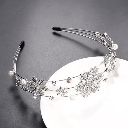 Christmas Headband Silver Snowflake Headband Pearl Christmas Party Headbands for Women Holiday Hair Hoop (Snowflake/Silver)