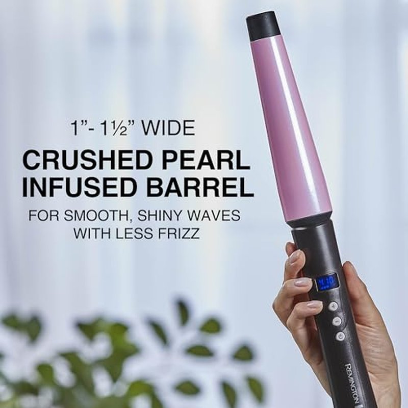 Remington CI9538 Pro 1"-1.5" Pearl Ceramic Conical Curling Wand, Digital Controls + 10 Heat Settings, Black/Pink