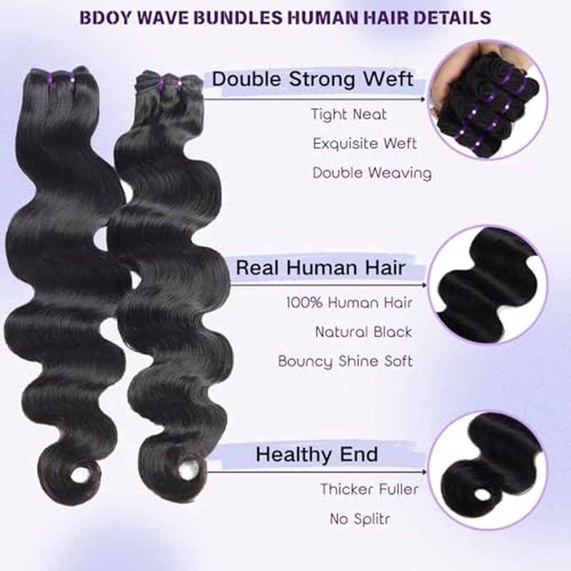 Vanlov Body Wave Bundles Human Hair 14 14 14 Inch Raw Hair Bundles 100% Unprocessed Brazilian Virgin hair 3 Bundles Double Weft Natural Black