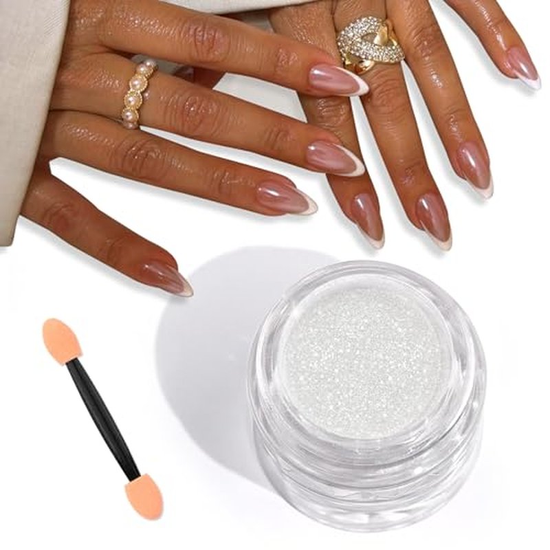 SAVILAND White Pearl Chrome Nail Powder: 1g Metallic Mirror Effect Unicorn Chrome Powder Iridescent Pearlescent Aurora Mermaid Pigment Glitter Dust Kit for DIY Nail Art Decoration Home & Salon Use
