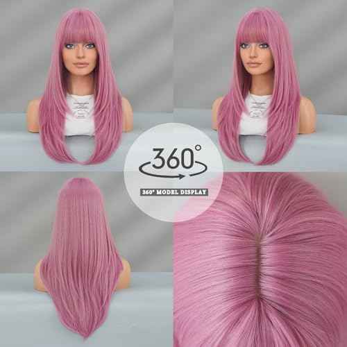 PARK YUN Long Straight Pink Wig with Bangs for Women 26 Inch Neon Pink Hair Synthetic Heat Resistant Pastel Layered Wig Sexy Colored Rose Gold Wigs for Cosplay Christmas Gifts Party