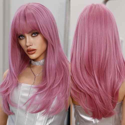 PARK YUN Long Straight Pink Wig with Bangs for Women 26 Inch Neon Pink Hair Synthetic Heat Resistant Pastel Layered Wig Sexy Colored Rose Gold Wigs for Cosplay Christmas Gifts Party