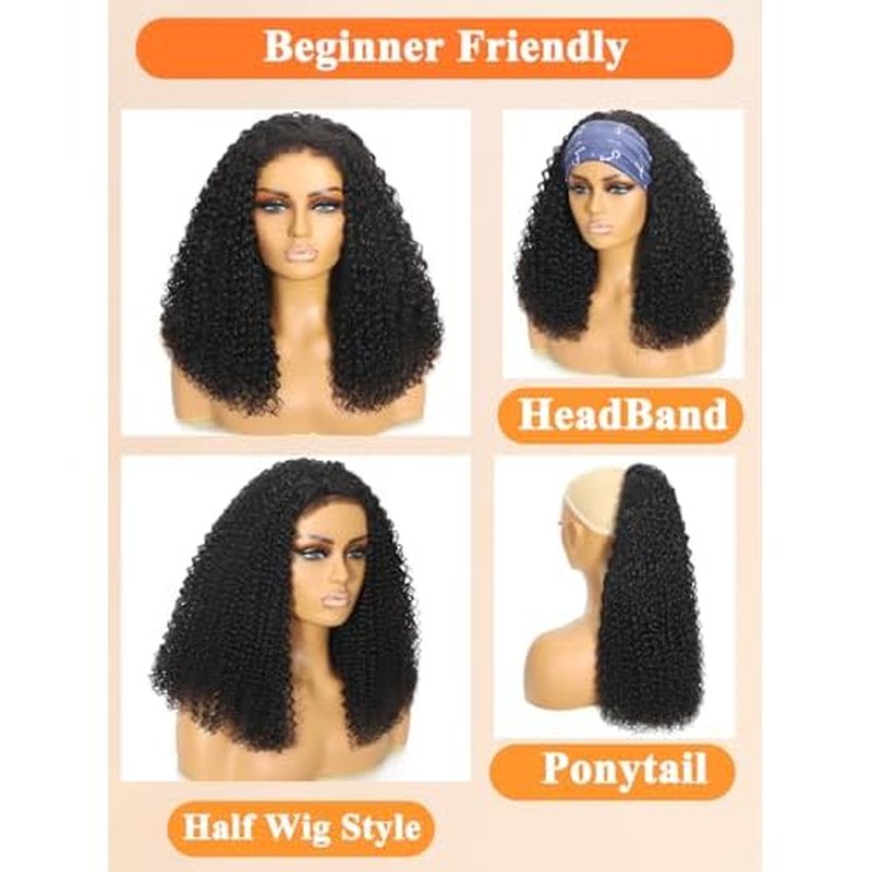 Kinky Curly Half Wig Human Hair 3 In 1 Glueless Wigs Seamless Flip Over with Drawstring Curly Half Wig Human Hair for Women Invisible Hairline Wear Go Beginner Friendly Natural Black 18 Inch