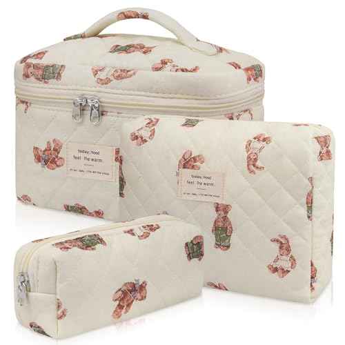 3pc Makeup Bag Set, Quilted Makeup Bag Set, Large Floral Cosmetic Bag for Women, Cute Cotton Makeup Bags, Flower Travel Toiletry Organizer Bag (White Bear)