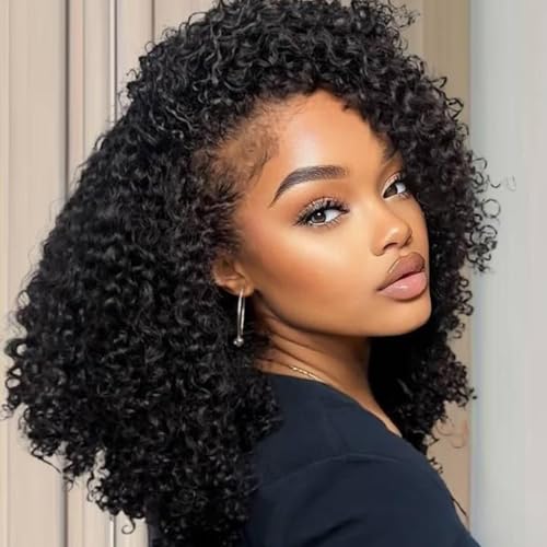 Kinky Curly Wig 200 Density 3 In 1 Seamless Flip Over Half Wigs Synthetic Hair Glueless Wear and Go Beginner Friendly Kinky Curly Wig Human Hair Drawstring Headband Wig for Women 26 Inch