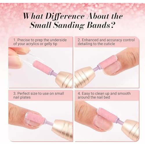 MelodySusie 120 Pcs Nail Drill Bits Small Sanding Bands for 3.1mm Mandrel Bit, 180 Fine Grit Nail File for Acrylic Nails Gel Manicures and Pedicure, Pink (Only Sanding Bands)