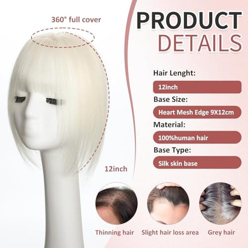 Hair Toppers for Women Real Human Hair, 9 * 12cm Seamless Invisible Swiss Base 12Inch Toppers for Thinning hair to Add Volume, Clip in Human hair Topper with Bangs for 360¡Æ Cover Gray Roots