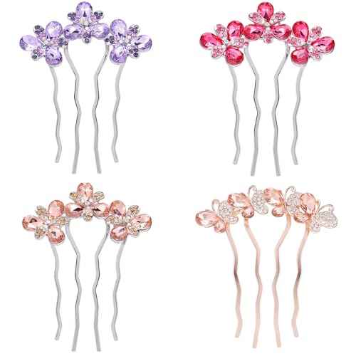 Sparkly Glitter Floral Hair Combs Bridal Wedding Hair Crystal Rhinestones Women Hair Side Combs Jeweled Metal Hairpins Butterfly Long Thick Hair Holder Accessories for Ladies (4 Pack)