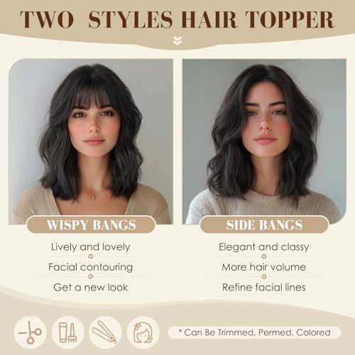 S-noilite Hair Toppers for Women with Bangs 100% Human Hair 360¡Æ3D Cover Clip in Wispy Bangs Short Topper Hairpieces for Women Dark Brown