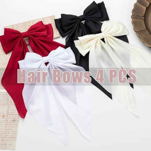 Hair Bows 4 PCS Ribbon Bow for Women, Ribbons, Oversized Long-tail Cute Aesthetic Accessories, Large Barrettes Girls£¨Wine red off white black white£©
