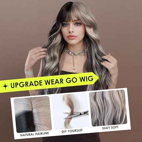 PARK YUN 27 Inch Long Wavy Synthetic Wig with Bangs Silver Grey Half Black Ombre Highlight Heat Resistant Glueless Natural Looking Wigs for Women Daily Party Halloween Christmas Cosplay Travel