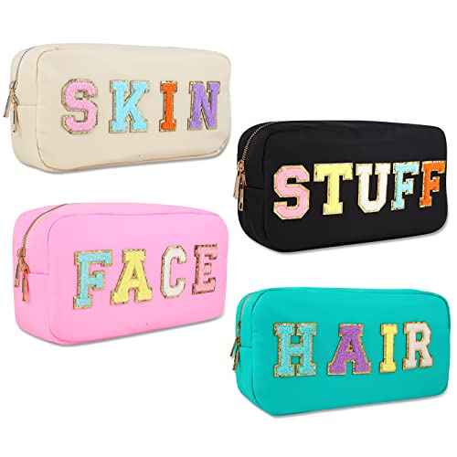4PCS Nylon Zipper Waterproof Preppy Makeup Organizer Bag Set - Cosmetic Stuff Pouch for Women Travel Toiletry Organization Outdoor with Chenille Letter Patches