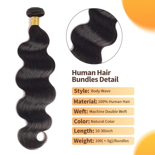12A Body Wave Bundles Human Hair 20 Inch 1 Bundle 100% Unprocessed Brazilian Virgin Hair Quick Weave Single Body Wave Human Hair Real Raw Bundles Deals Hair Extensions Natural Black