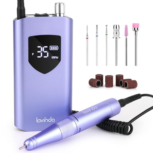 Lavinda Professional Nail Drill 35000 RPM, Cordless Electric Nail File Efile for Acrylic and Gel Nails, Manicure Pedicure Polishing Tool for Salon and Home Use (Purple)