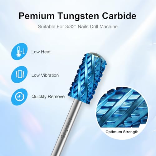 3/32" Large Barrel Smooth Round Top Tungsten Carbide Nail Drill Bit Safety Bit for Gel & Acrylic Removal, 2-Way Rotating Efile Tip, Salon Electric File Accessory (4XC Grit, Blue)