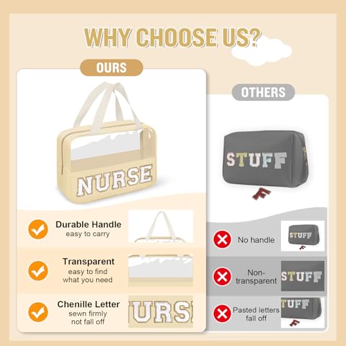 Nurses Week Gifts Chenille Letter Clear NURSE Makeup Bag for Women,Preppy Nurse Cosmetic Pouch Zipper with Handle Nurse Essentials Bag for Work Supplies,Labor and Delivery Nurse Gifts(NURSE-Beige)