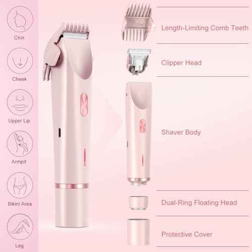 Women's Electric Shaver Bikini Trimmer for Women Razors 2-in-1 Dual Head Design IPX7 Waterproof Wet & Dry Use Body Groomer Hair Trimmer Remover for Facial Underarm Arm Face Leg Bikini (Pink)