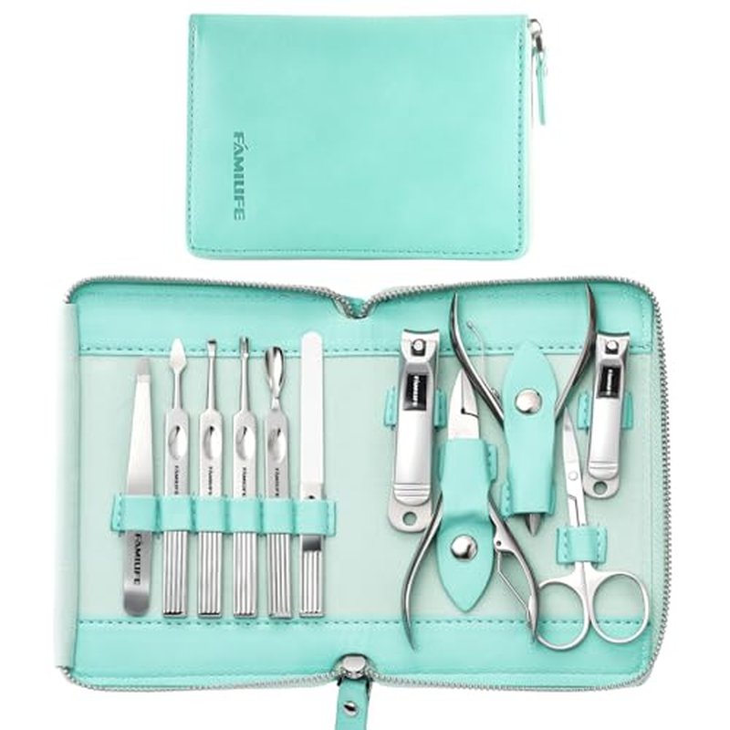 FAMILIFE Manicure Kit for Women, Professional Manicure Set Nail Clippers Set 11 in 1 Stainless Steel Pedicure Tools Nail Kit Men Grooming Tool with Portable Green Travel Case for Home, Travel