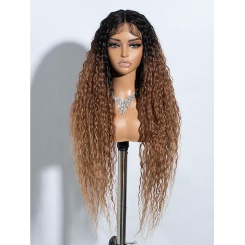 Joedir 32" Long Deep Curly Wavy Lace Front Synthetic Wigs HD Transparent Glueless Lace Wig Heat Resistant Fiber Pre Plucked Hairline with Baby Hair Wig for Women(Ombre Black to Honey Color)