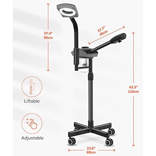 TASALON Professional Ionic Facial Steamer, 2-in-1 Face Steamer for Facial with 5X Magnifying Foldable Arm, Mist Face Steamer Salon Spa Beauty Skin Care Equipment, Aroma Therapy Nozzle Included- Blcak