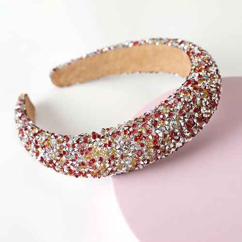 Silver Diamond Rhinestone Headbands for Women Girls Bling Sparkle Beaded Crystal Headband Jeweled Thick Padded Hairband Non Slip Glitter Hair Hoop B-(Red & Yellow)