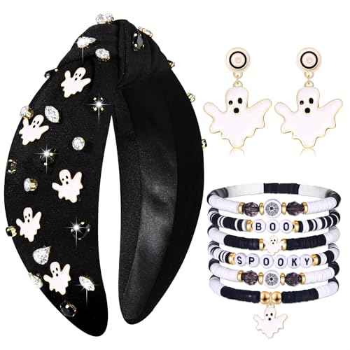 Halloween Headbands & Accessories - Jeweled Ghost Candy Corn Knotted Headband, Bracelets, Earrings & Hair Accessories for Women - Halloween Outfits (Pattern A)