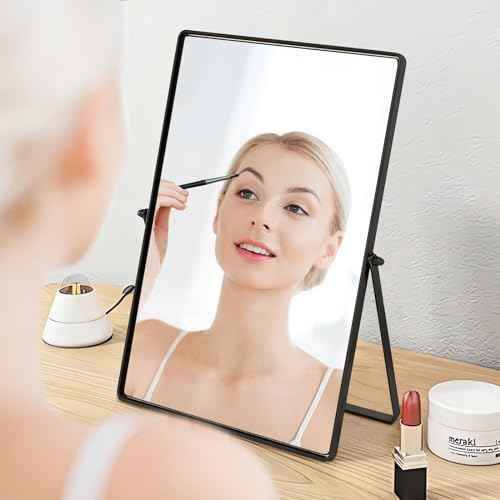 Desktop Makeup Mirror with Black Metal Standing 90¡Æ Rotation Vanity Table Mirror Portable Cosmetic Mirror for Dressing Room Bedroom Bathroom Rectangle