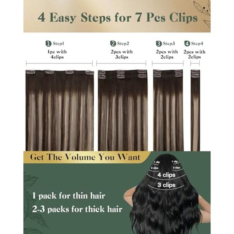 Ugeat Hair Extensions Clip in 18 Inch Clip in Extensions Real Human Hair Balayage Brown Human Hair Extensions Clip ins Ash Brown No Damage 7Pcs 120G 4/18/4
