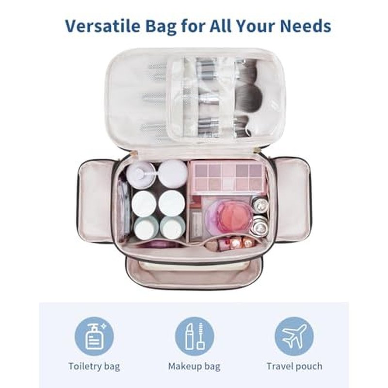 WANDF Travel Toiletry Bag for Women, Wide-open Large Makeup Bag with Handle, Puffy Makeup Organizer for Toiletries, Cosmetics, Accessories, Essentials (Black)