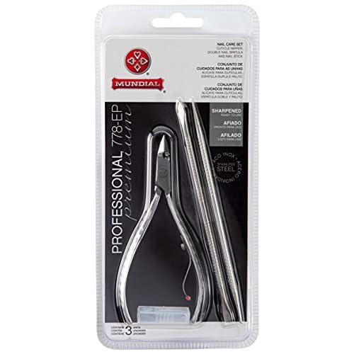 Mundial Nail Care 3 Piece Set - Professional Stainless Steel Cuticle Nippers with Double Nail Spatula and Pusher, Manicure, and Pedicure Trimmer Kit