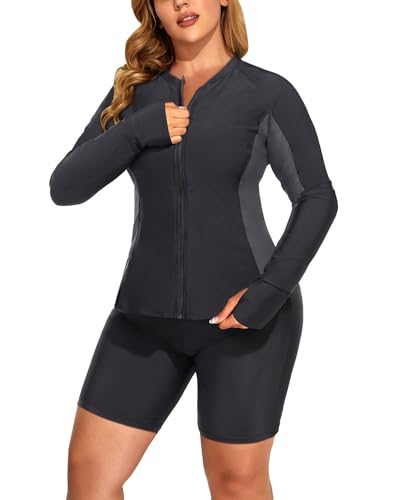Daci Women Black 2 Piece Plus Size Long Sleeve Rash Guard Zip Front Athletic Bottom Tankini Swimsuits UPF 50 22 Plus