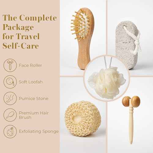 Bella Ciao 6-Piece Body and Skincare Set, Women¡¯s Beauty Travel Basket, Spa Gift Set, Bath Accessories, Includes Face Massage Roller, Hair Brush, Exfoliation Tools, and Decorative Wooden Tray