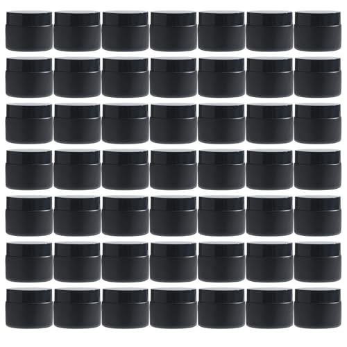OverNews 2oz Black Glass Jar Travel Size, 45PCS Empty Cosmetic Lotion Container with Black Lid & Spatula, Small Mini Jar for Beauty