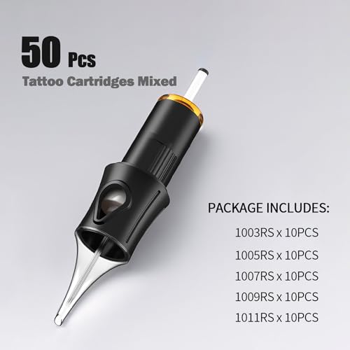 50Pcs #10RS Tattoo Cartridge Needles - 10 each: 1003RS, 1005RS, 1007RS, 1009RS, 1011RS. Pre-sterilized, individually packaged for safety. Strong stability, fits most rotary tattoo machines.