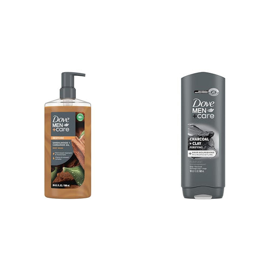 DOVE MEN + CARE Body Wash Sandalwood + Cardamom Oil to Rebuild Skin in the Shower & Elements Body Wash Charcoal + Clay