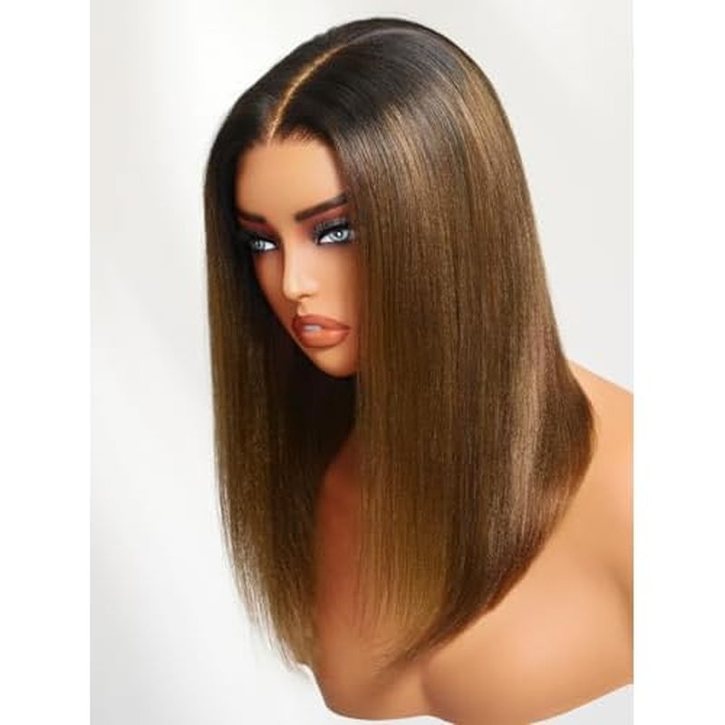 YIROO Yaki Straight Bob Wig Ombre Brown Human Hair Bye Bye Knots Glueless Wig Chestnut Brown Pre Cut 7x5 HD Lace Front Lace Put On and Go Pre Bleached Pre Plucked with Dark Roots Yaki Bob Wig 10Inch