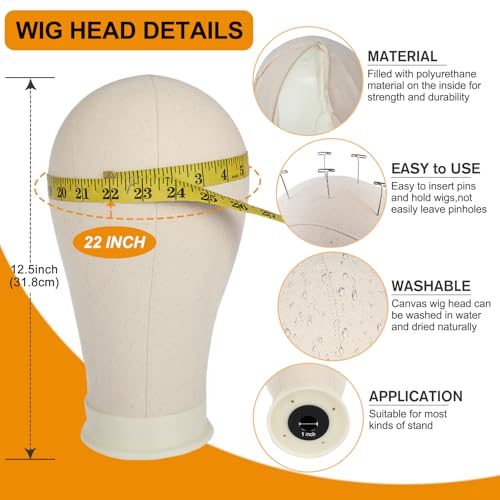 PWEOUKE 22 Inch Canvas Wig Head with Stand for Wigs ,14-22 Inch Height Adjustable Wig Stand Tripod with Canvas Block Wig Head,Manikin Head Block Set for Cosmetology with Wig Stand and Storage Bag